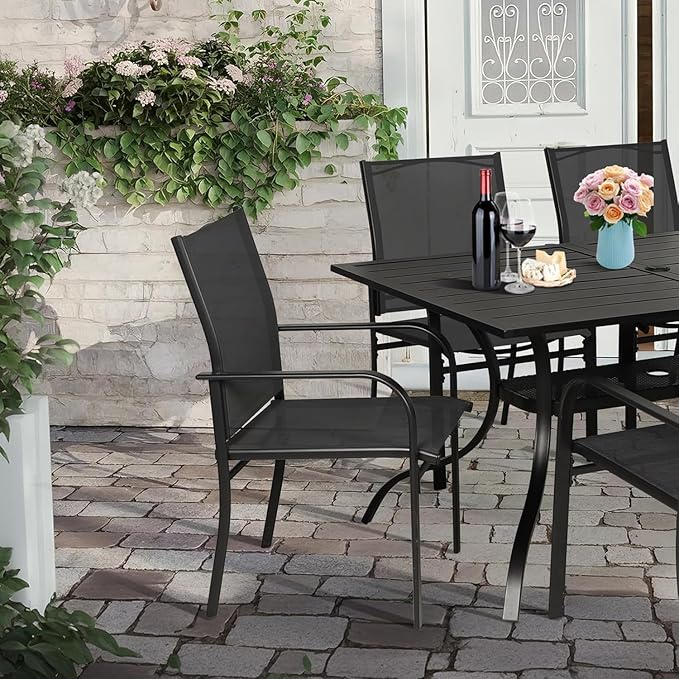 Incbruce 7 Pieces Outdoor Dining Set, Patio Metal Dining Set of 6 Textilene Chairs and Rectangle Table with Umbrella Hole for Lawn, Garden, Porch and Backyard (Black)