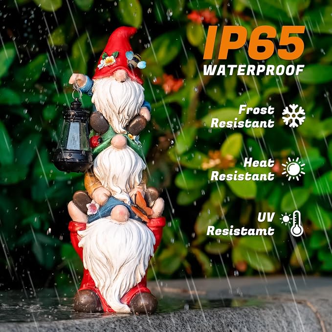 twinbling 12 in Garden Gnome Statue with Solar Lights | Birthday Gift for Mom Woman Grandma Garden Sculptures Funny Triple Gnome Outdoor Patio Lawn Yard Balcony Home Decor