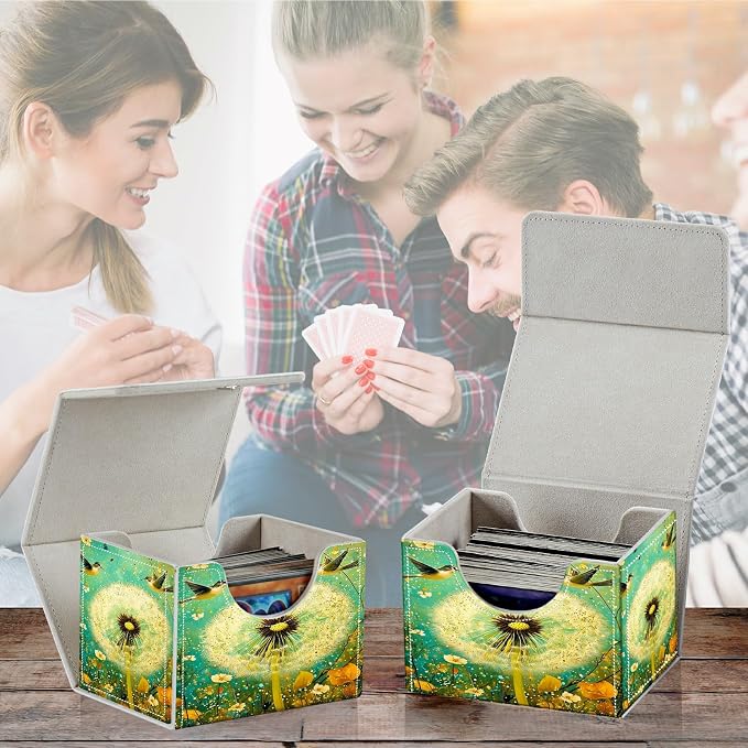 Card Deck Box for MTG, Cards Storage Box Fits 120+ Sleeved, Leather Small Size Strong Magnetic Closing Card Case for Board Games Magic TCG CCG Baseball Collection, Blue Dandelion