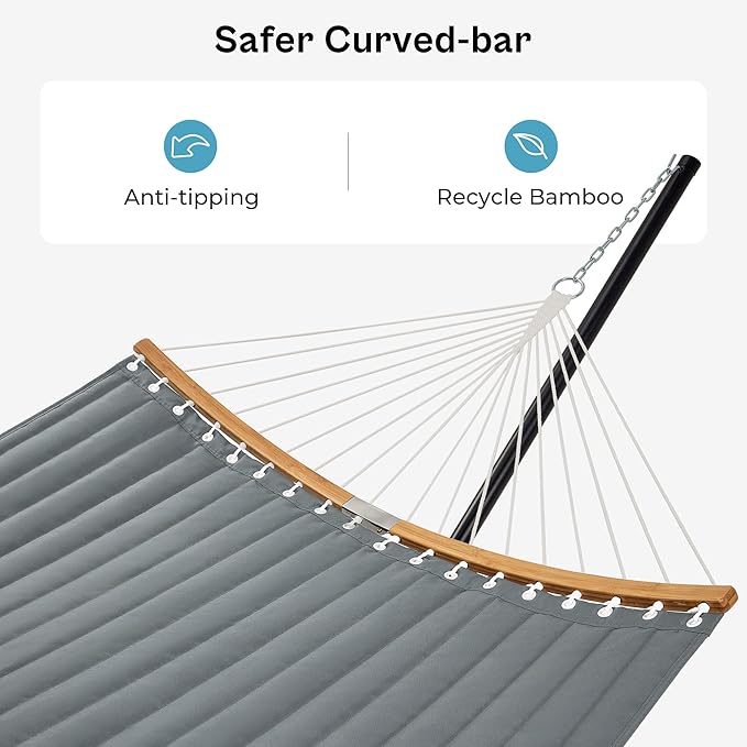 SUPERJARE Hammock with Stand, 2 Person Heavy Duty Hammock with Padded Cotton, Detachable Pillow & Strong Curved-Bar & Portable Carrying Bag, Perfect for Outdoor & Indoor, Neutral Gray