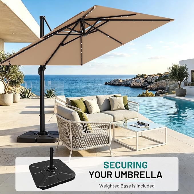 AreShark 10×10FT Solar LED Cantilever Umbrella with Base Included, Double-Top Outdoor Patio Offset with 360 Degree Rotation, Square Offset Hanging Umbrella for Garden Deck Pool, Beige