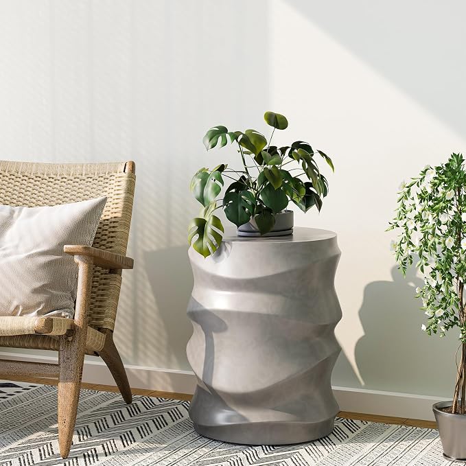 SUNBURY Outdoor Side Table Set of 2, 18" H Concrete Accent End Table Streamlined, Small Round Cement Plant Stands Table, Decorative Garden Stools for Backyard, Grey