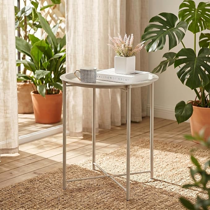 VECELO Side/End Table, Folding Round Metal Anti-Rust and Waterproof Outdoor or Indoor Tray for Living Room Bedroom Balcony and Office, 2 PCS, Grey