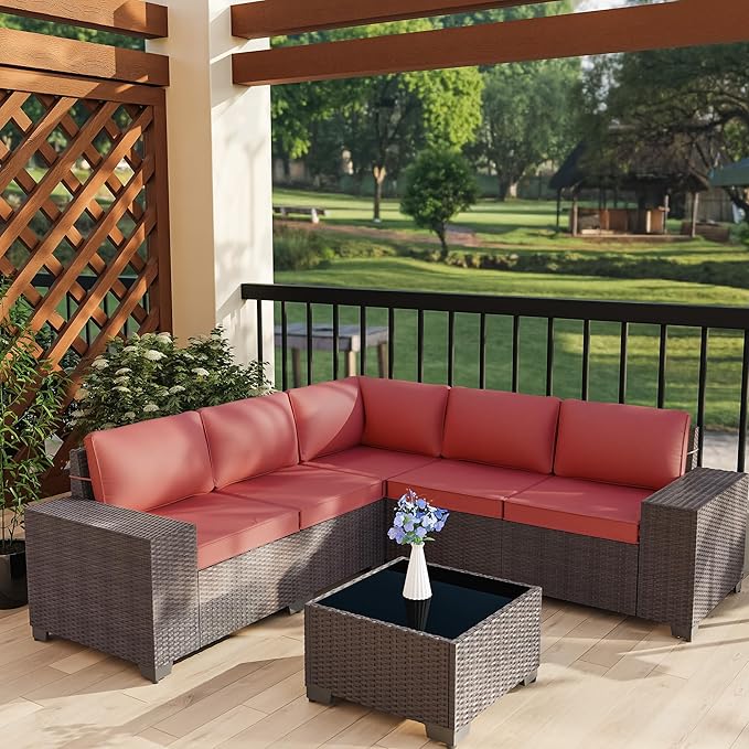 6 PCS Outdoor Patio Furniture Set,Outdoor Sectional Furniture All Weather PE Rattan Wicker Patio Conversation Set with Coffee Table and 5 Thickened Cushions,Red