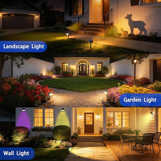 Solar Spot Lights Outdoor 2 Pack, RGB Color Changing & Warm White, 2-in-1 Stake & Strap Mounted Solar Lights, IP65 Waterproof, Auto On/Off Landscape Lighting for Garden, Yard, Tree, Wall
