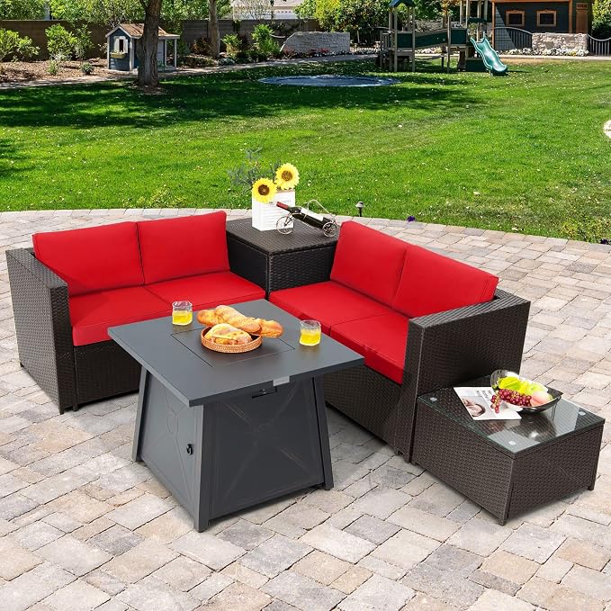 Tangkula 5 Piece Patio Furniture Set with 50,000 BTU Propane Fire Pit Table, Outdoor Wicker Conversation Set w/Cushions, Storage Box and Tempered Glass Coffee Table, 30" Gas Fire Pit Table (Red)