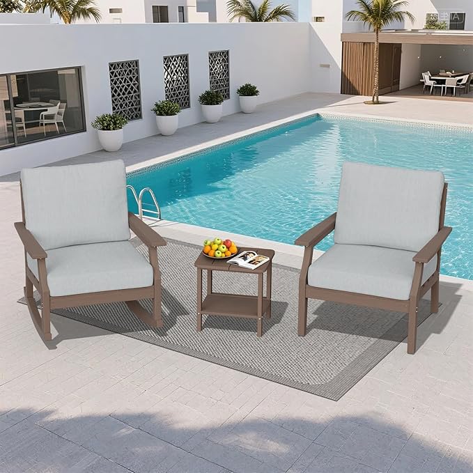 HDPE Patio Conversation Set, 3-Piece All Weather Outdoor Furniture Set with 1 Single Sofa，1 Rocking Sofa for Deck, Lawn, with Cushion, Brown