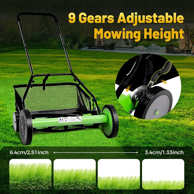 20 inch Push Reel Lawn Mower with Grass Catcher Green Black Lawn Sweeper with Collection Box Adjustable Height Manual Push Lawn Mower 5-Blade Lawnmower for Gardens Lawns (20" Green Black)