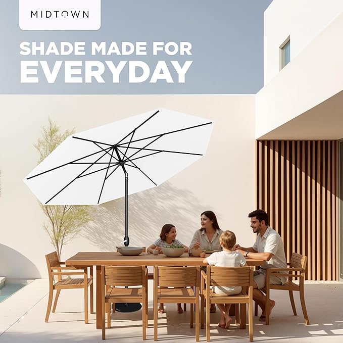 Midtown Umbrellas - 10-Year-No-Fade 8 Ft Patio Umbrella with Terylast Fabric, Auto-Tilt Aluminum Frame and 8 Reinforced Ribs for Deck, Pool, Garden & Beach - Ivory White Canopy, Black Pole