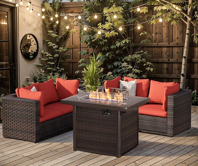 Patio Furniture Set with Fire Pit Table 5 Piece All Weather PE Rattan Outdoor Sectional Sofa Couch with 4 x arm Sofa, No-Slip Cushions for Garden, Poolside, Backyard (Red)