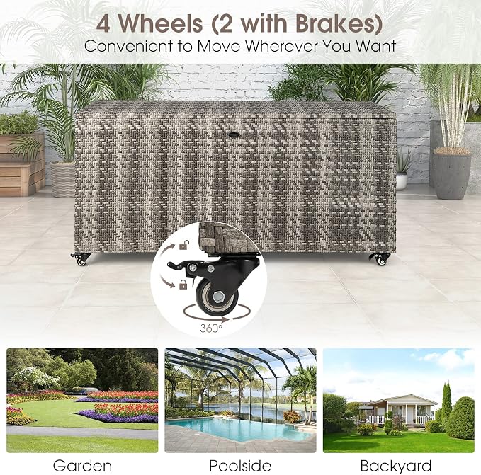 HAPPYGRILL PE Wicker Outdoor Deck Box, 96 Gallon Storage Box with 4 Wheels and Liner, 2-in-1 Multifunctional Storage Box for Patio Furniture Cushions Garden Tools Pool Accessories