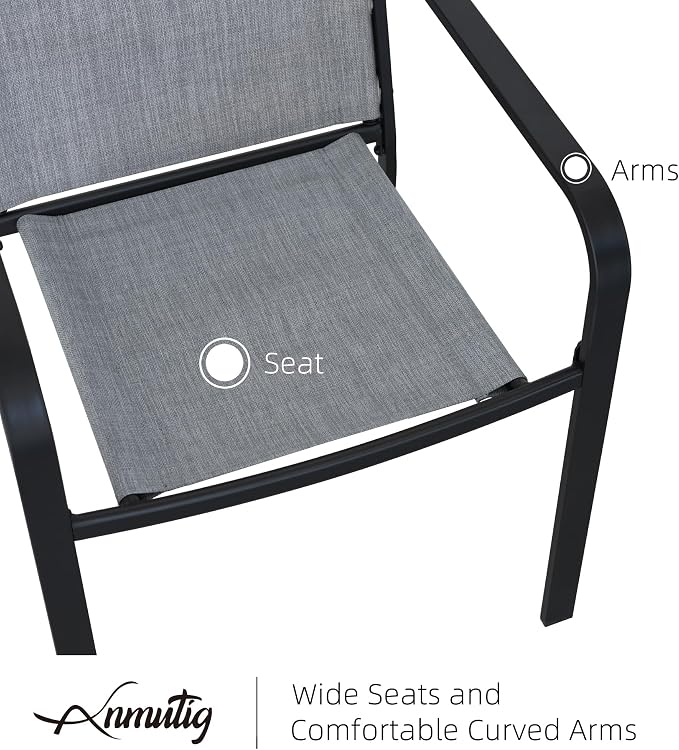 5 Piece Outdoor Patio 37" Square Glass Table and Grey Stackable Chairs Set | 4 Piece Stackable Chairs Textilene Seat and Back, Table & Chair with Metal Frame, Square Glass Table Top, 1.7" Umbrella Hole