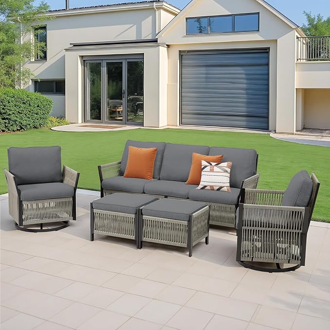 Outdoor Patio Furniture Set, 2025 New Patio Conversation Sets, All-Weather Wicker Outdoor Furniture, High Back Swivel Patio Chairs for Porch Deck Balcony (Grey)