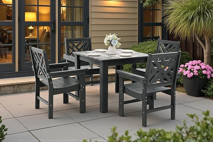 5 Piece HDPE Outdoor Dining Set for 4, Patio Dining Furniture Set with Square Table and Umbrella Hole, Outdoor Table and Chairs for Garden, Poolside, Backyard, Deck (Grey, 5 Piece Square Set)