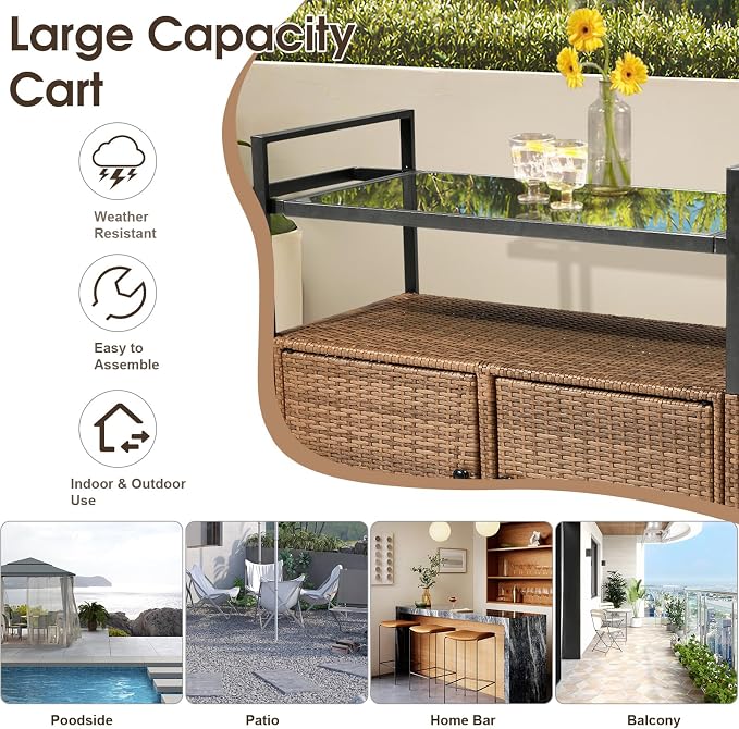 Outvita Patio Bar Table, Weatherproof Buffet Cabinet Wicker Outdoor Storage Cart with 2 Doors & Shelves Glass Tabletop for Tableware Wine Bottle and Glass, Towels, and Potting Supplies