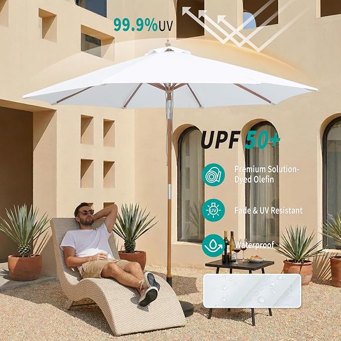 9FT/10FT Bamboo Patio Umbrella, Large Outdoor Umbrella with UPF 50+ Sun Protection, Rope Pulley Lift & Push-Button Tilt, 8-Rib Ventilated Canopy for Garden, Deck, Backyard & Outdoor Dining