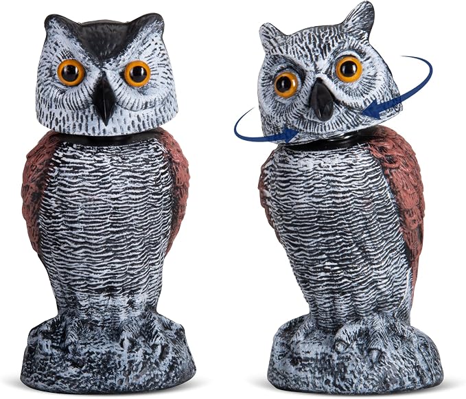Arrigo Fake Owl Decoys to Scare Birds Away – 2pc Wind-Driven Rotating Head – Plastic Owl Statue Scarecrows – Realistic Deterrent for Critters & Squirrels - Garden, Patio, Boats, and Yard Decor
