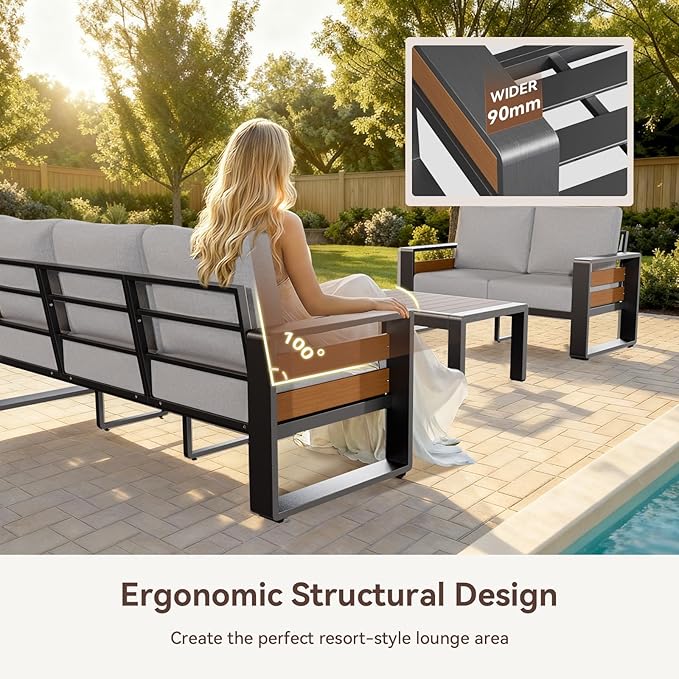 Aoxun Aluminum Patio Furniture Set, 5 Seats Luxury Metal Patio Conversation Sets with Coffee Table, 6'' Thick Cushions and 3-Seat Sofa, Modern Outdoor Furniture Set for Backyard/Poolside, Light Grey
