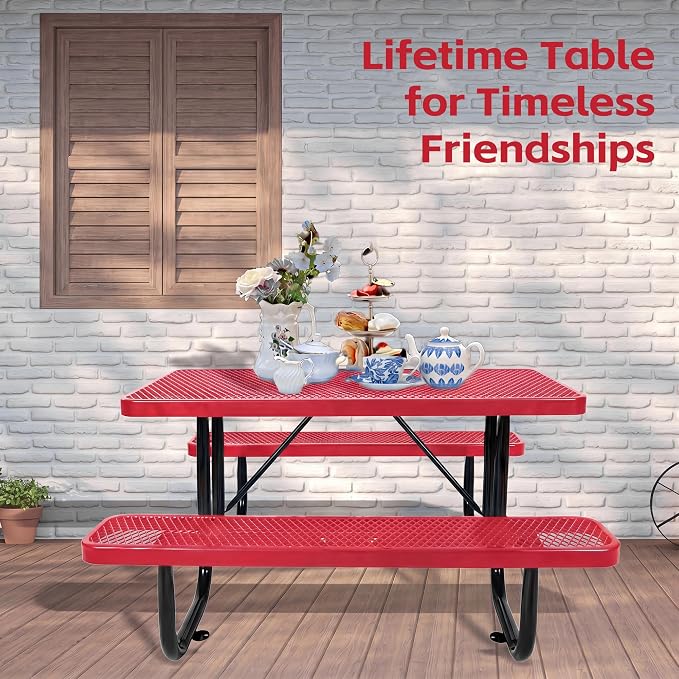 72" Rectangular Metal Picnic Table for 4-8 Person, Durable Heavy Duty Commercial Picnic Table with Umbrella Hole for Outdoor Coffee Shop, School, Hospital, Easy to Install, Red