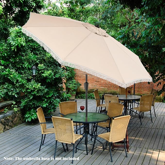 Tangkula 9Ft Patio Umbrella with Fringe, 2-Tier Outdoor Boho Umbrella with Tassels, Crank Handle, Push Button Tilt, Sun-Protective Canopy, 8 Ribs for Deck Backyard Poolside