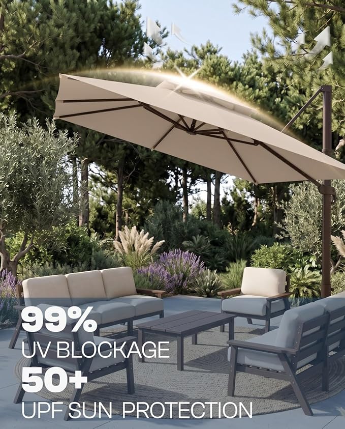 10'×10' Patio Umbrella, Double Top Aluminum Cantilever Umbrella with 360°Rotation, Offset Patio Umbrella with Easy Tilt for Pool Deck Garden Backyard, Beige (Base not Included)