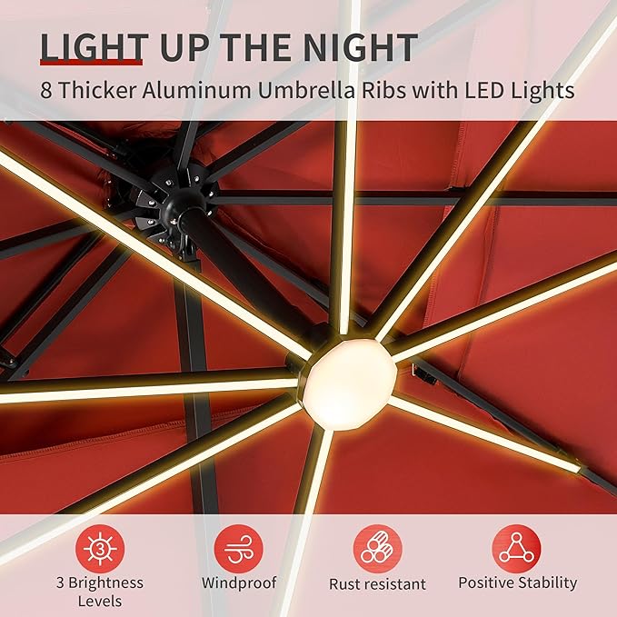 10 X 13 FT Cantilever Patio Umbrella with Led Lights Outdoor Rectangle Offset Large Double Top Heavy Duty Umbrellas with 360°Rotation for Pool Deck Backyard Garden, Wine Red