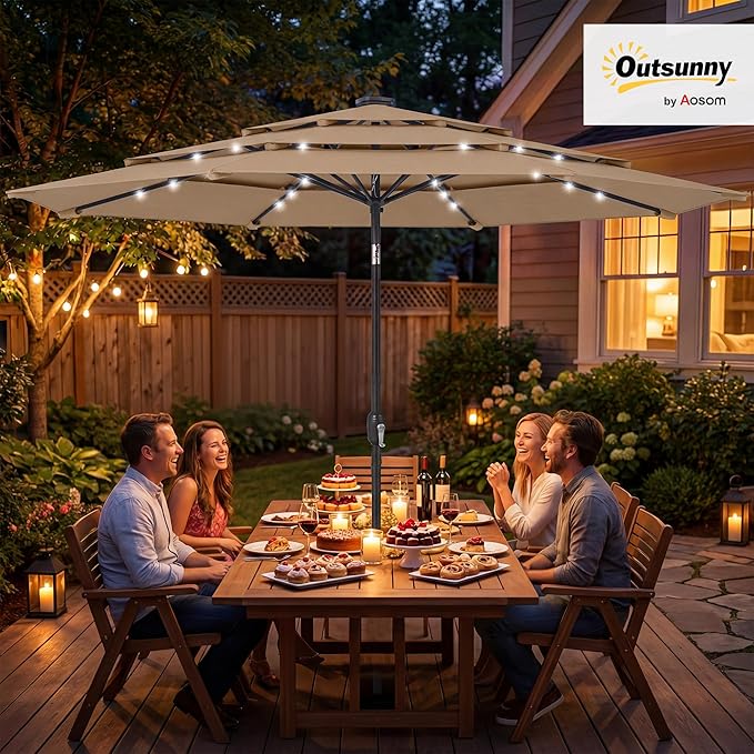 Outsunny 9.7 ft Outdoor Patio Umbrella with 32 Solar LED Lights, 3 Tier Outdoor Table Market Umbrella with Tilt and Crank, 8 Ribs for Garden, Deck, Yard, Poolside