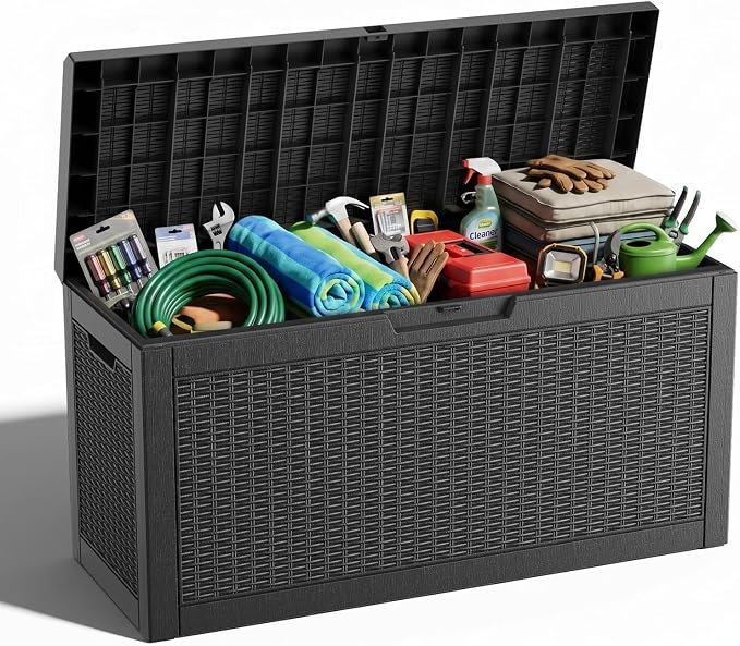 ROJIK 79 Gallon Outdoor Deck Box, Resin Waterproof Storage Box, weatherproof Deck Boxes Outdoor, Sturdy Deck Box for Furniture Cushions & Gardening Tools (Black)