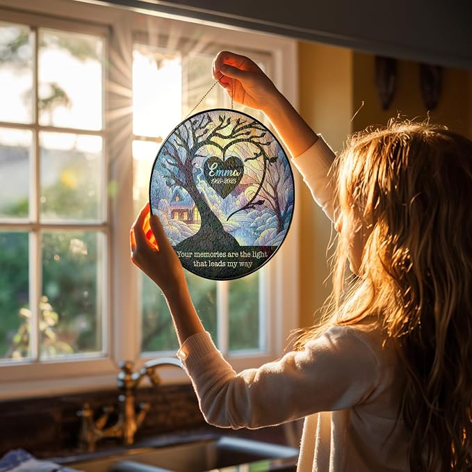 Personalized Memorial Stained Glass Suncatcher - Forever in Our Hearts Christmas Ornament - in Loving Memory Gift for Loss of Loved One - Sympathy Keepsake from Family
