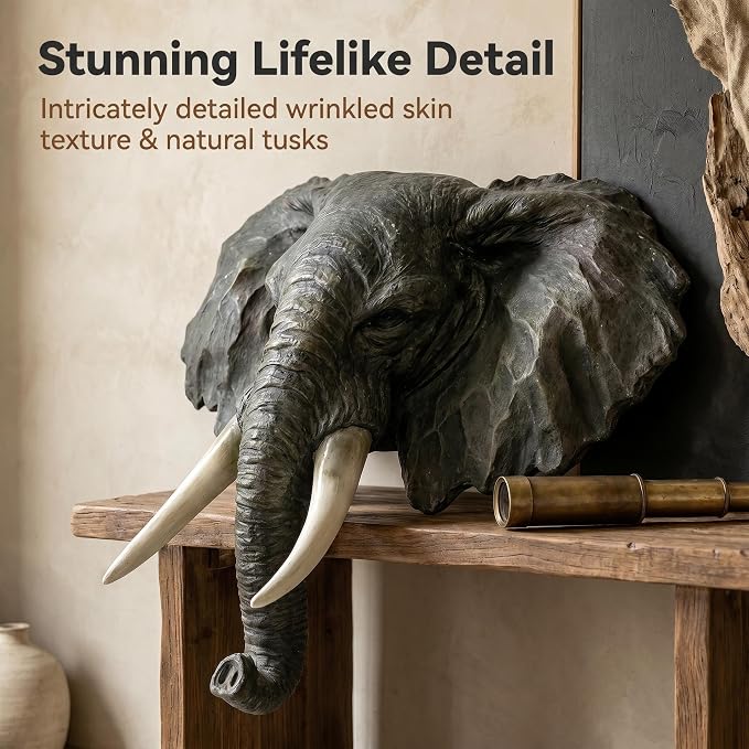 Elephant Head Wall Decor, 16 Inch | Large Resin, Faux Taxidermy Animal Mount Sculpture, Lifelike 3D Wildlife Statue, Safari Themed Rustic Cabin