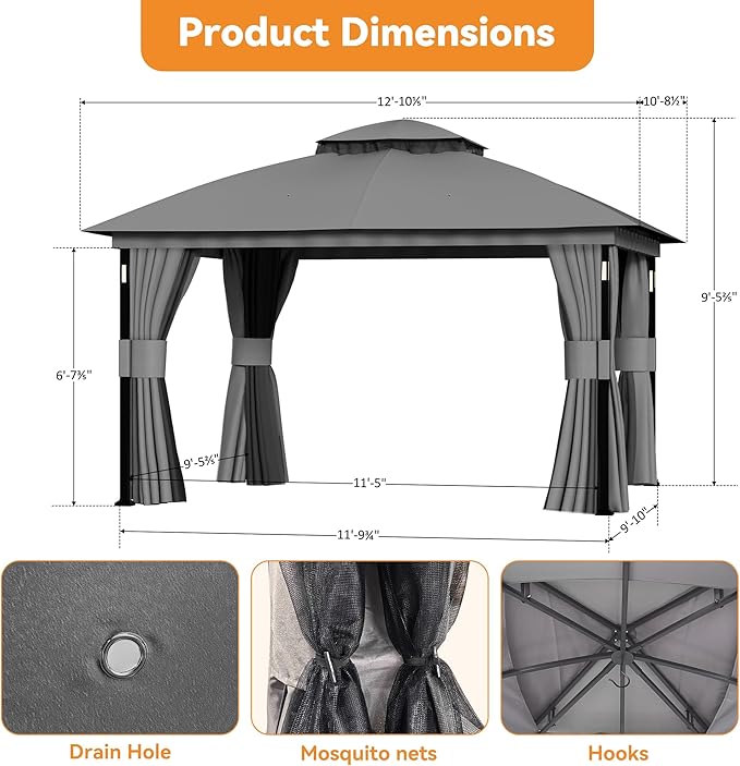 Covered Outdoor Patio Gazebo 11'x13' with LED Lights & Bluetooth Speaker, Heavy Duty Outdoor Canopy Shelter with Metal Frame, Double Roofs, Soft Top Gazebo with Netting and Curtains for Backyard, Gray