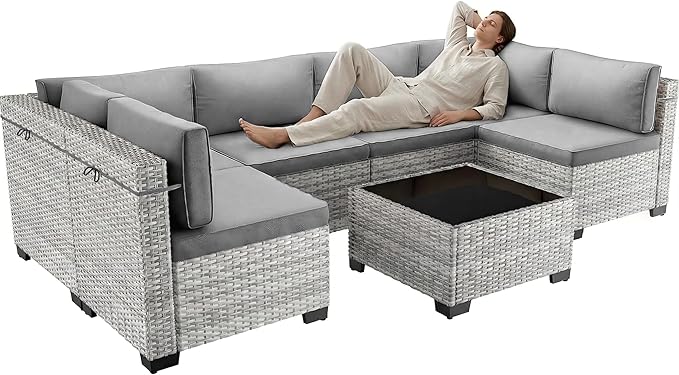 7-Piece Patio Furniture Set, Outdoor Sectional with Thick Cushions, Modular Patio Sofa, Dual-Strand Wicker Rattan, Rust-Resistant Frame, Backyard Furniture for Garden, Deck, Grey