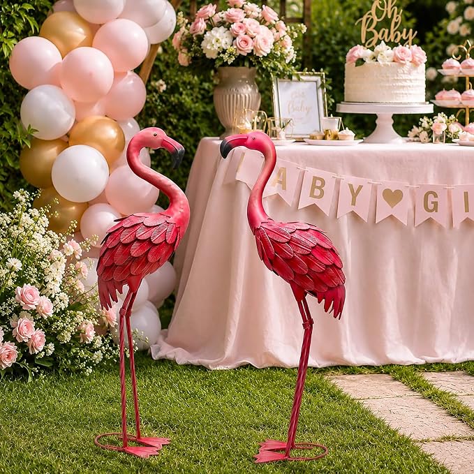 YOUKI Metal Yard Art Flamingo Decor Pink Flamingos for Yard Garden Statues Red Flamingo Yard Art Outdoor Sculptures for Outside Home Patio Lawn Ornaments Backyard Decor, Set of 2