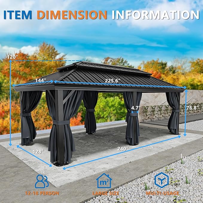 HOTEEL 12x20 Hardtop Gazebo on clearance with Metal Roof & Drainage System, Heavy Duty Galvanized Steel Gazebo with Aluminum Frame, Privacy Curtains and Netting, for All-Weather, Black (2026 Upgraded)