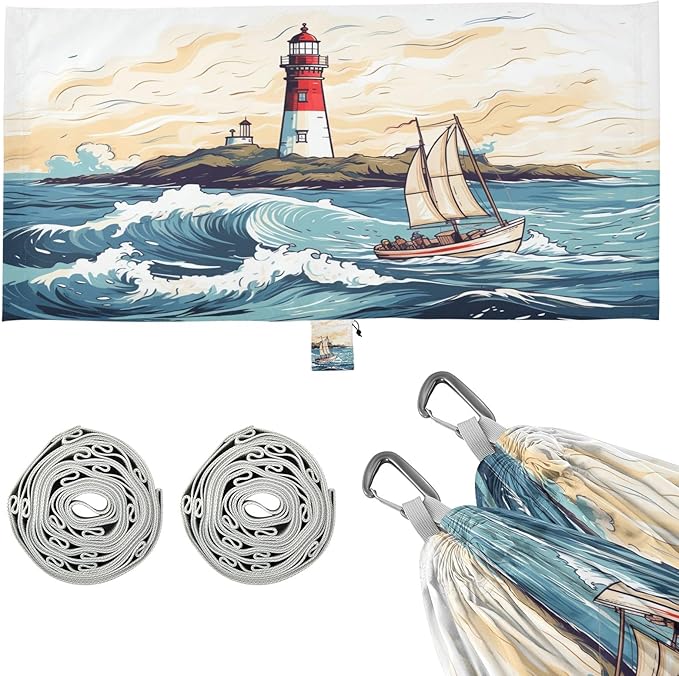 Portable Single Hammock Sailboat in The Sea Wave and Lighthouse Garden Yard Outdoor Hammocks