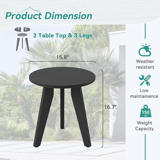 HDPS Outdoor Side Table Set of 2, Small Round Side Table Weather-Resistant, Outdoor Side Tables for Patio, Porch, Deck, End Table for Plant Stand, Living Room, Bedroom, Black