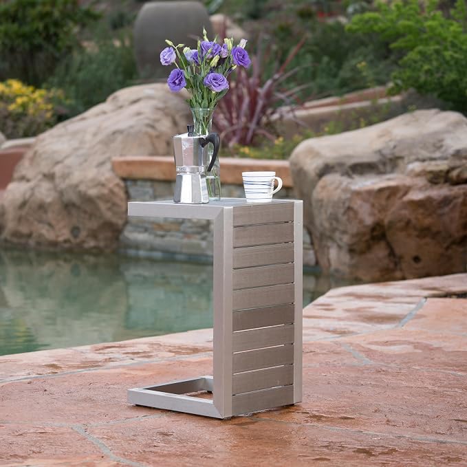 24" H Aluminium Silver Patio Side Table, Small C-Shaped Outdoor Patio Table Coffee Table for Patio, Garden or Balcony