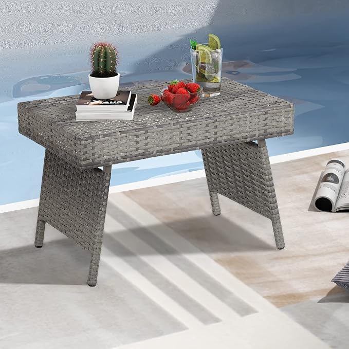 DREAMADE Rattan Side Table, Folding Small Patio Wicker Desk Outdoor Deck Furniture w/PE Rattan, Robust Metal Structure, Outdoor Coffee Table for Patio, Deck, Yard, Poolside, Garden, Balcony (Gray)