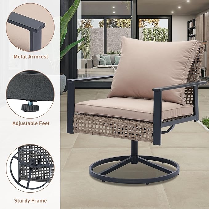Ainfox 3 Pieces Patio Wicker Chairs Swivel Rocker, Outdoor Swivel Rocker Patio Chairs with Rattan Side Table, Patio Furniture Set for Patio Porch Pool, Khaki