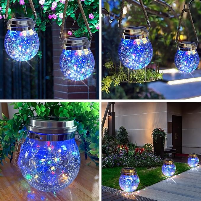 Hang Outdoor Solar Lights Waterproof, 2 Pack 30LED Cracked Glass Ball Decorative Lanterns, Solar Powered Landscape with Handle for Yard Patio Fence House Holiday Decor, Birthday Gift for Women