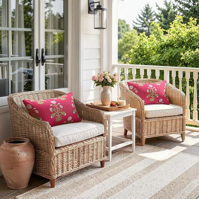 MIULEE Decorative Floral Outdoor Lumbar Pillow Covers with Inserts Set of 2 12x20,Waterproof Vintage Fade Resistant Patio Throw Pillows with Piping for Spring Summer Garden Couch Sofa,Hot Pink