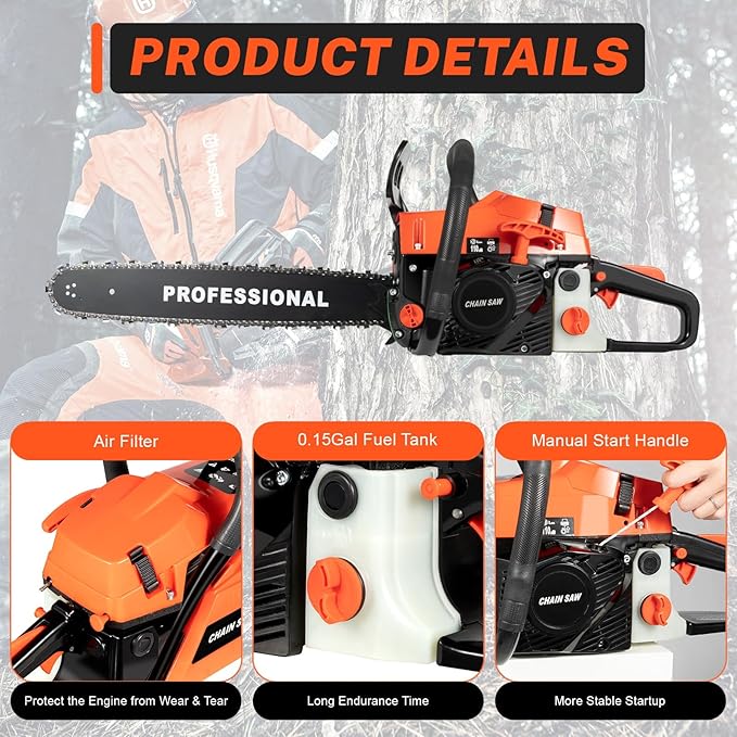 Chainsaw Gas Powered 58cc 20 Inch Chain Saw, 2 Stroke Handheld Cordless Petrol Chainsaws With Fuel Tank, Heavy Duty Gasoline Chainsaw For Wood Cutting, Forest Felling, Tree Pruning, And Shrub Pruning