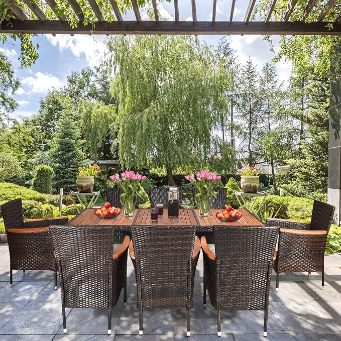 Tangkula 9 Piece Outdoor Dining Set, Garden Patio Wicker Set w/Cushions, Furniture with Acacia Wood Table and Stackable Armrest Chairs