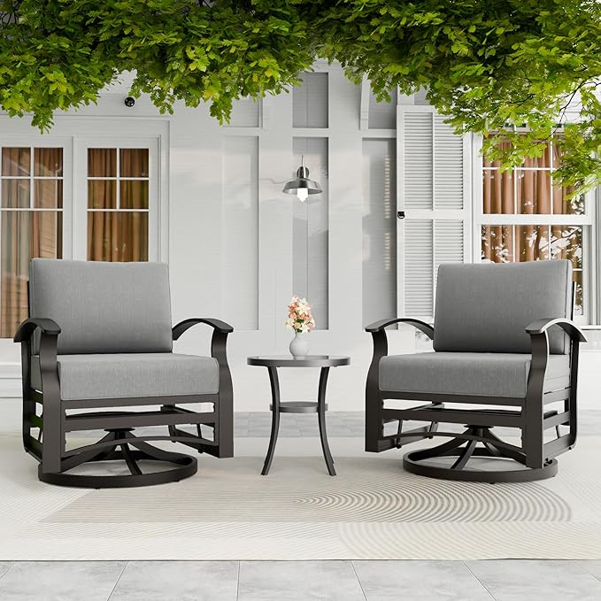 3 Piece Aluminum Swivel Rocking Chair Set, Outdoor Patio Swivel Gliders Chair with Glass Top Coffee Table, Conversation Furniture Set Suitable for Patio, Lawn, Outdoor, Back Garden(Gray)