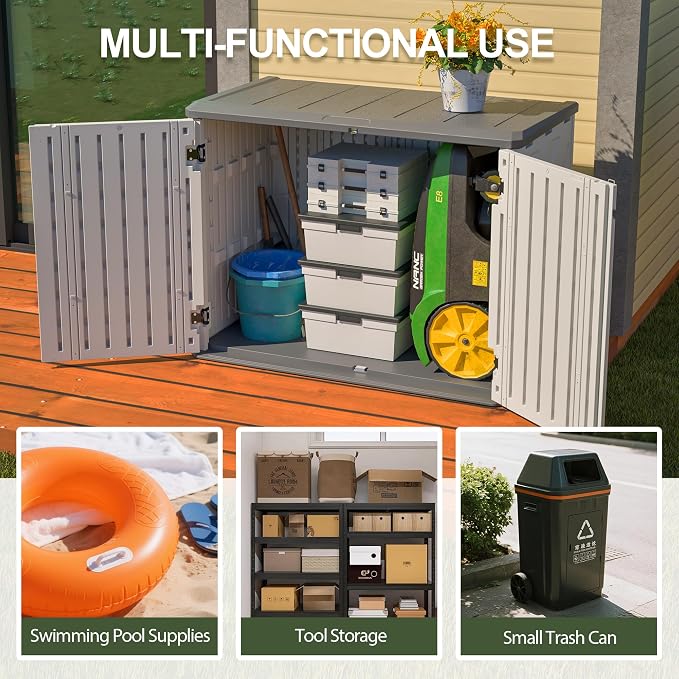 Large Outdoor Deck Box and Horizontal Storage Shed, 28 Cubic Feet Weather Resistant Resin Cabinet for Patio Cushions and Garden Tools, Lockable White Storage Unit, 52.3 x 29.7 x 38.9 Inches