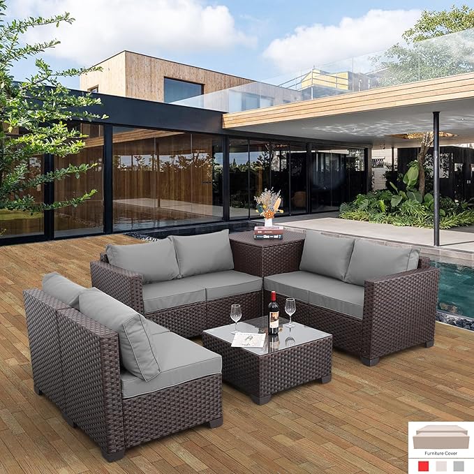Valita Wicker Patio Furniture 6 Pieces Outdoor Sectional Sofa Patio Conversation Sets with Storage Bin Glass Table and Non-Slip Cushions and Furniture Covers, Light Grey