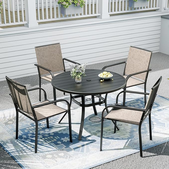 Outdoor Dining Table with 4-Piece Stackable Chairs,41" Round Patio Table with Adjustable Umbrella Hole,Stable Patio Dining Set for Home or Outside