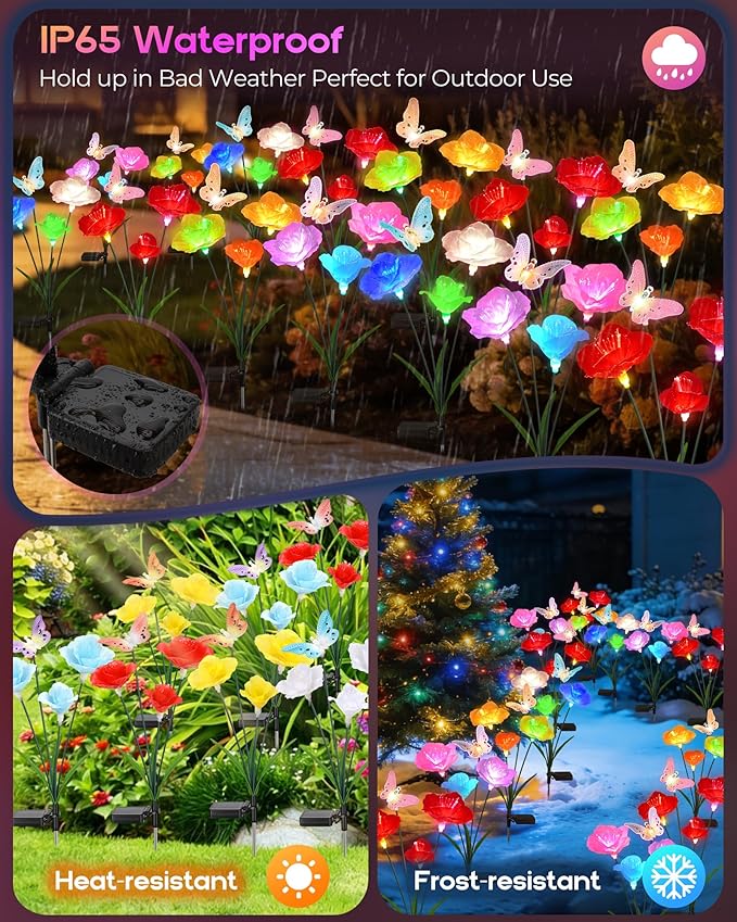 Solar Garden Lights Outdoor Waterproof 4 Pack Swaying Butterfly Light with 7- Color Changing Rose Flowers Solar Lights for Outside Garden Decor Lawn Yard Patio Path,Gifts for Women Mother's Day