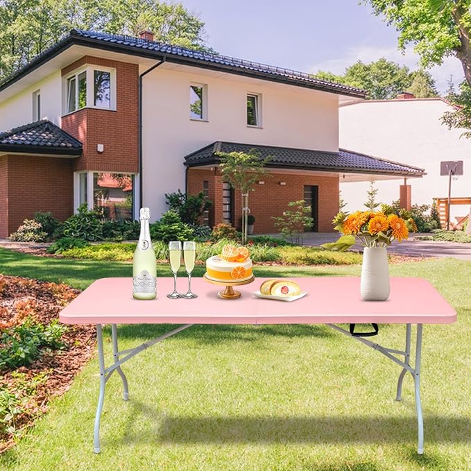Portable Plastic Folding Table 4ft/6ft/8ft Heavy Duty White Black Picnic Dining Table Fold-in-Half for Camp Party Kitchen Indoor Outdoor (Pink, 6FT)