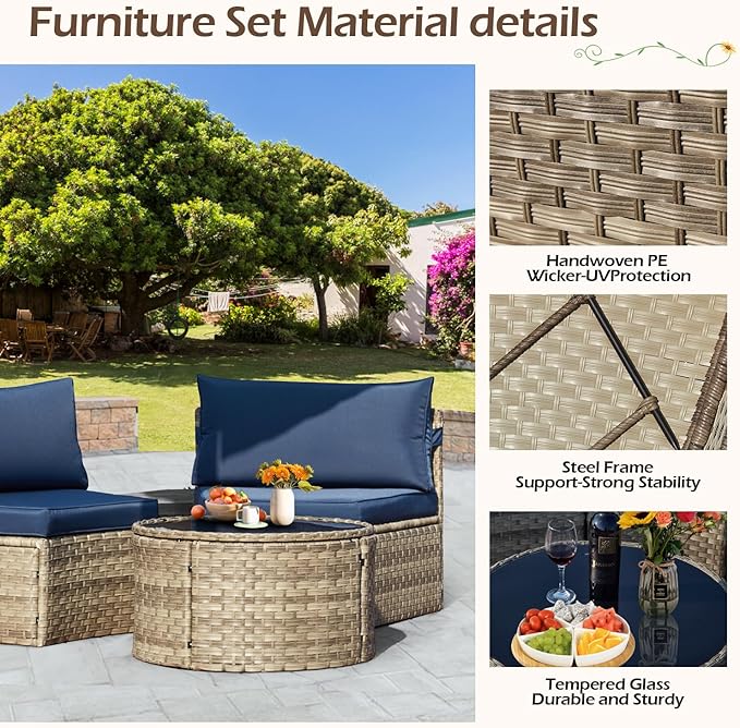 ECOTOUGE Curved Outdoor Sectional Sofa, 3 Piece Half-Moon Rattan Patio Furniture Set, Wicker Conversation Sets with Tempered Glass Round Coffee Table for Pool Backyard Patio Garden(Blue)